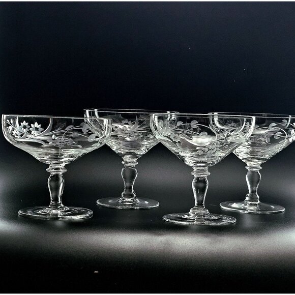 4 Jasmine by Kusak Cut Glass Low Champagne Coupes 3.5" glasses handblown handcut - Picture 1 of 11